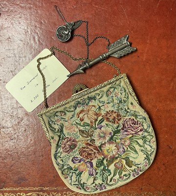 Lot 2602 - Fine early 20th century petit point needlework bag decorated with floral panels and gilt metal mounts