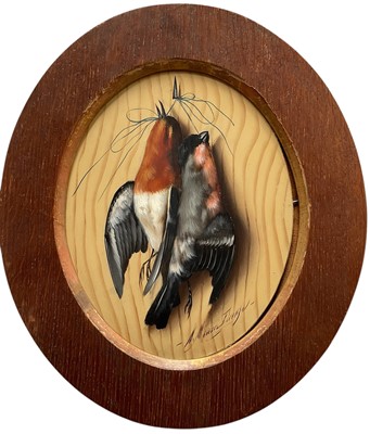 Lot 328 - Michelangelo Meucci (1840 - 1909) oval oil on board, of song birds, signed, in oak frame. 21 x 17cm.