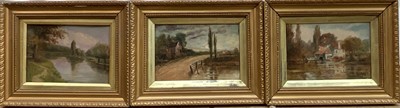 Lot 332 - Samuel Bowyer (circa 1900) Views of the Thames at Runnymede, Iffley Mill and moonlight near Offord, a set of three, signed and inscribed verso, in gilt frames. Each 11 x 17cm. (3)
