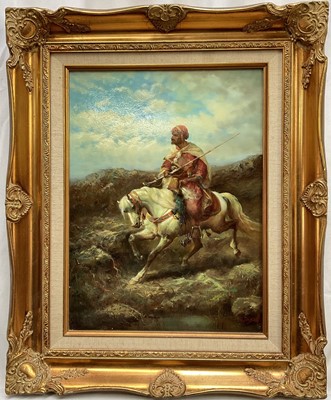 Lot 377 - Continental School 20th century, oil on board, heavily armed Arab horseman in gilt frame. 39 x 29cm.