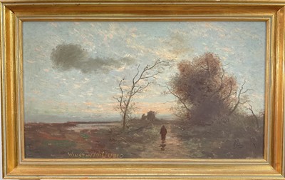 Lot 253 - Winston McQuoid (1909-1984), oil on board, Figure in a Rural Landscape, signed, 37cm x 65cm, in gilt frame