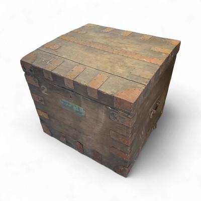 Lot 5389 - 19th century teak and iron bound trunk, with slightly domed top and flanking carrying handles, 65cm wide x 60cm deep x 57cm high