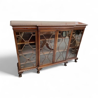 Lot 5298 - Early 20th centuey mahogany breakfront astral glazed cabinet, on claw and ball feet, 182cm wide x 126cm high x 43cm deep