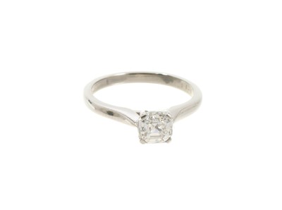 Lot 612 - Fine quality diamond single stone ring with a square emerald-cut diamond weighing 1.05cts, internally flawless, colour F, width 5.61mm x 5.59mm x 3.74mm, in platinum setting. Facsi...