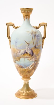 Lot 210 - Royal Worcester twin handled vase, painted with cranes by Powell, shape 247