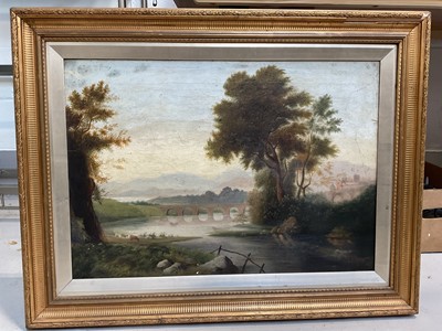 Lot 5227 - Group of pictures, including an antique oil on canvas river scene in gilt frame