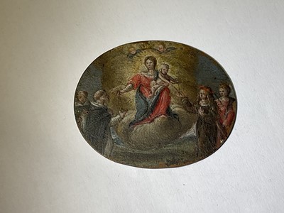 Lot 858 - 17th century miniature painting on copper, depicting Mary and Jesus and attendants, 3.5 x 4cm