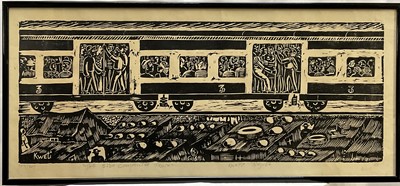 Lot 183 - Kweti Ndzube, South African, b.1943. Linocut, titled in graphite “The 5:30 Commuter Train”, signed, numbered and dated ’93 to margin. Overall including frame 40cm x 88cm