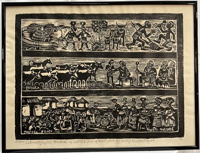 Lot 182 - Kweti Ndzube, South African, b.1943. Linocut, titled in graphite “Lobola, Paying Ten Herd Of Cattle Plus A Horse For My Wife”, signed, numbered and dated ’96 to margin. Overall including frame 5...