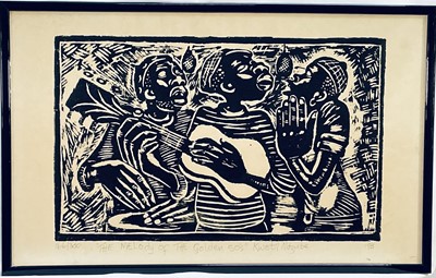 Lot 266 - Kweti Ndzube, South African, b.1943. Linocut, titled in graphite “The Melody Of The Golden 50’s”, signed, numbered and dated ’93 to margin. Overall including frame 40cm x 63cm