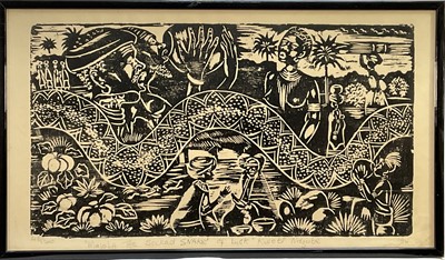 Lot 267 - Kweti Ndzube, South African, b.1943. Linocut, titled in graphite “Majola The Sacred Snake Of Luck”, signed, numbered and dated ’94 to margin. Overall including frame 37cm x 63cm