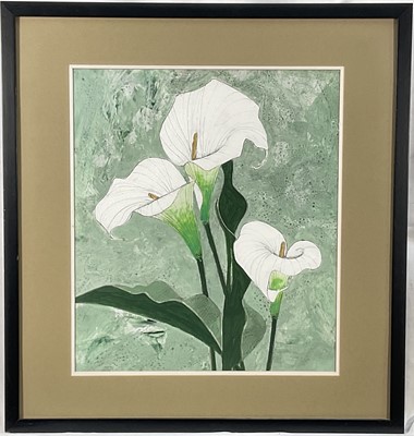 Lot 168 - Alastair Milne Michie RWA FRBS (Scottish, 1921-2008) acrylic, ‘Arum Lilies’ 1998, signed and titled verso, 42cm x 36cm, glazed frame