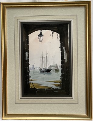 Lot 185 - John J Holmes (1937-2015) watercolour, titled ‘Archway’, a harbour scene with moored fishing boats, signed, 37cm x 25cm, glazed frame