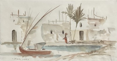Lot 261 - Ismail Samy (Egyptian, 1935-1990) watercolour, boat in the Nile beside buildings and palms, signed, glazed frame