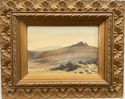 Lot 258 - 20th century watercolour study, view of Dartmoor towards Haytor Rock, titled and dated lower right “Haytor, 1930”, signed with monogram lower left