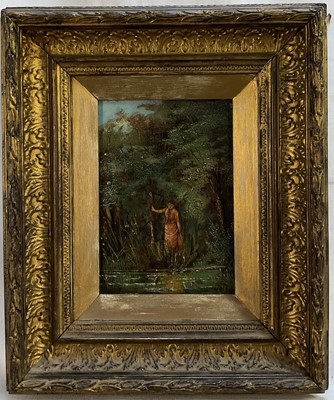 Lot 260 - Late 19th century Romantic School oil on wood panel, female on a wooded river bank looking at her reflection in the river, gilt frame