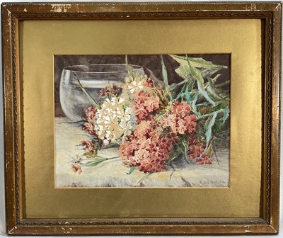 Lot 261 - Rosa Wallis RA (British, 1857-1930) Still life study of flowers (Phlox) with glass bowl ready for arranging. Signed lower right. In period gilt frame. Overall including frame 31cm x 36cm