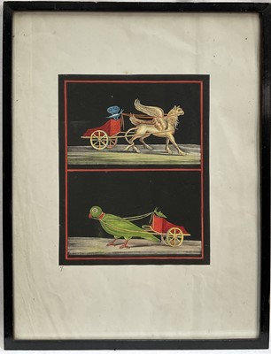 Lot 194 - L. Majolino, original hand coloured pochoir illustration from Pompeii, a Souvenir Book Of Hand Finished Pochoir - Parrot and winged lion pulling chariots, framed