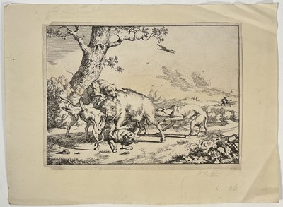 Lot 188 - Marcus de Bye (Dutch, 1639-1688) etching after Paulus Potter, on wove paper, Boar attacked by hunting dogs, 16cm x 21.5cm, unframed