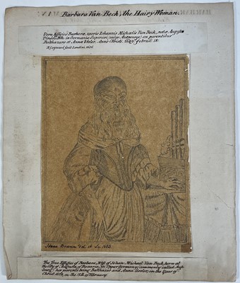Lot 207 - Hypertrichosis. “Barbara Van Beck, the Hairy Woman”, a 19th century graphite drawing of the ‘Hairy Woman’ after Isaac Brunn, 1653. The drawing mounted to inscribed paper