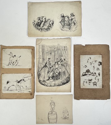Lot 268 - 19th century drawings and sketches, to include a study of faces and expressions, circus characters, a pen and ink drawing titled “Le Malade imaginaire”, and others