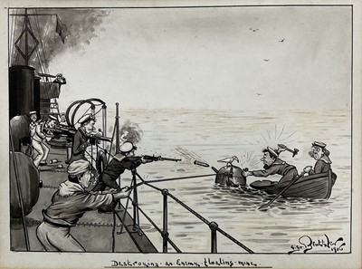 Lot 142 - Edward Gerald Oakley-Beuttler (1879-1964) comic illustration, ‘Destroying an enemy floating-mine’, signed and dated 1916, original oak frame