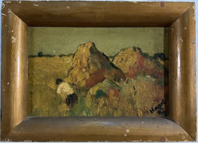 Lot 262 - Impressionist school oil on board, hayricks with figure in a harvest field, indistinctly signed lower right, dated '62, 21cm x 33cm, gilt frame