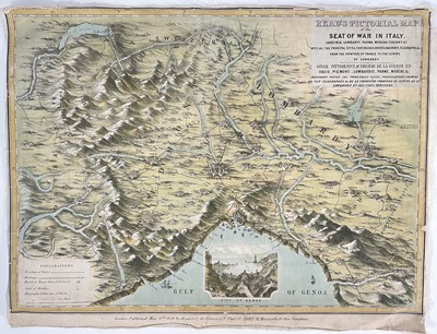 Lot 190 - Read’s Pictorial Map of the Seat Of War In Italy, pub. 1859 by Read & Co. London, laid on fabric, 36cm x 47cm, unframed