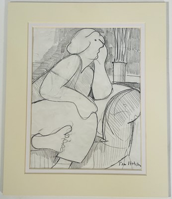 Lot 121 - Tim Hobson, 20th century, graphite drawing on paper, a woman seated on a couch, signed, 22cm x 17cm, unframed
