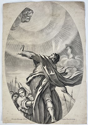 Lot 211 - Early 18th century engraving by Silvestro Manaigo (1666/70-1750) & Andrea Zucchi (1679-1740) of Moses on Mount Sinai receiving the Ten Commandments, after Tintoretto