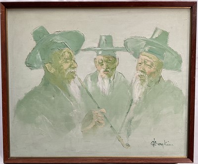 Lot 184 - Q’Bong Kim (Korean, 20th century) oil on canvas, men smoking pipes, 48cm x 58cm, framed