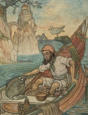 Lot 265 - Late 19th/early 20th century watercolour illustration, possibly Sinbad the Sailor, framed.
