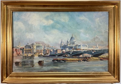 Lot 291 - After John Stobart (1929-2023) oil on canvas, London and St Paul's, by Albert Rolles, inscribed verso, 34cm x 54cm, in gilt frame