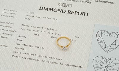 Lot 520 - Diamond single stone ring with a heart-shaped brilliant cut diamond weighing 0.632cts, E colour and VS2 clarity, in 18ct gold setting. Certificated.
