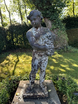 Lot 1927 - Pair of Victorian cast iron garden figures of the seasons, on square bases, 96cm high overall