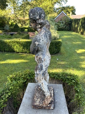 Lot 1927 - Pair of Victorian cast iron garden figures of the seasons, on square bases, 96cm high overall