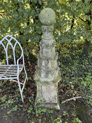 Lot 1929 - Pair of antique garden obelisks, spherical mounts on tapered octagonal columns and shaped square bases with square plinths, 136cm high overall