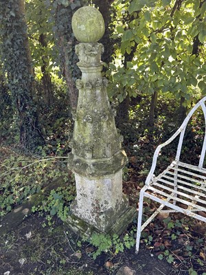 Lot 1929 - Pair of antique garden obelisks, spherical mounts on tapered octagonal columns and shaped square bases with square plinths, 136cm high overall