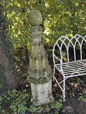 Lot 1929 - Pair of antique garden obelisks, spherical mounts on tapered octagonal columns and shaped square bases with square plinths, 136cm high overall