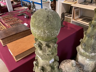 Lot 1929 - Pair of antique garden obelisks, spherical mounts on tapered octagonal columns and shaped square bases with square plinths, 136cm high overall