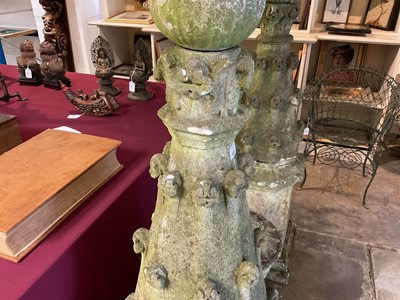 Lot 1929 - Pair of antique garden obelisks, spherical mounts on tapered octagonal columns and shaped square bases with square plinths, 136cm high overall