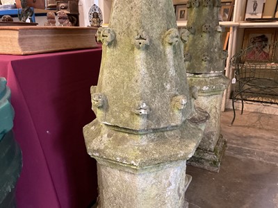 Lot 1929 - Pair of antique garden obelisks, spherical mounts on tapered octagonal columns and shaped square bases with square plinths, 136cm high overall