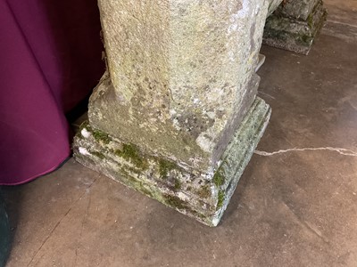 Lot 1929 - Pair of antique garden obelisks, spherical mounts on tapered octagonal columns and shaped square bases with square plinths, 136cm high overall