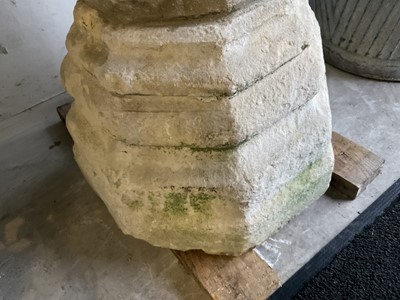 Lot 1940 - Good antique carved stone font of octagonal form with four leaf carved panels, on octagonal columns and stepped base, 67cm wide x 100cm high
