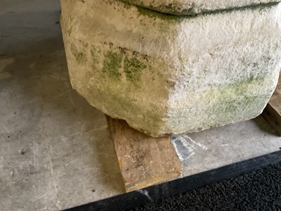 Lot 1940 - Good antique carved stone font of octagonal form with four leaf carved panels, on octagonal columns and stepped base, 67cm wide x 100cm high