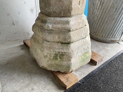 Lot 1940 - Good antique carved stone font of octagonal form with four leaf carved panels, on octagonal columns and stepped base, 67cm wide x 100cm high