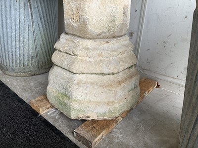 Lot 1940 - Good antique carved stone font of octagonal form with four leaf carved panels, on octagonal columns and stepped base, 67cm wide x 100cm high