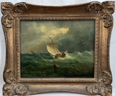 Lot 1371 - John Moore of Ipswich (1820-1902) oil on panel - Vessel in Squally Seas, signed, 20.5cm x 25.5cm, in gilt frame