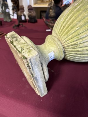 Lot 1941 - Antique Coade stone urn, the foliate knop above a domed cover and fluted body, circular socle and square base, approximately 60cm high