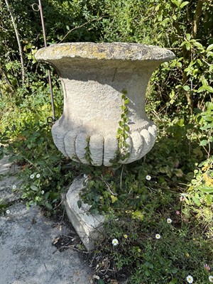 Lot 1942 - Pair of antique stone garden urns with half reeded bodies, on square bases, 61cm high